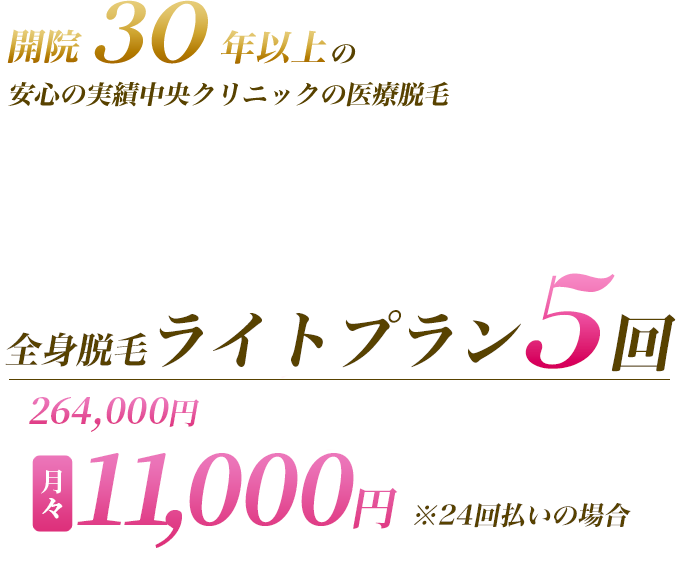 開院30年以上の安心の実績中央クリニックの医療脱毛 全身5回 85,000円(顔・VIO除く） 月々3,100円 ※33回払い